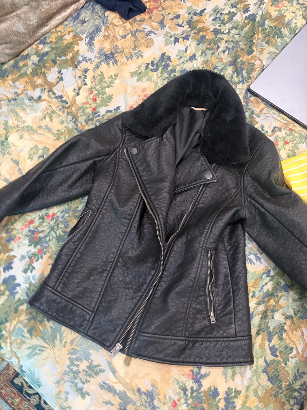 Hollister Black Faux Leather Moto Jacket with Shearling Collar